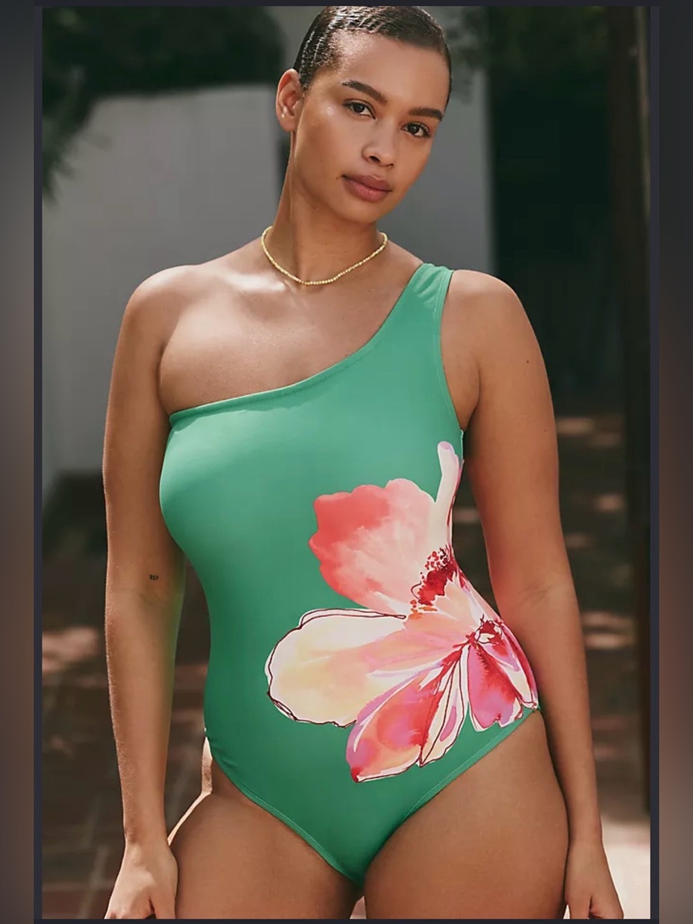 Anthropologie One-Shoulder Green Swimsuit with Pink Floral Print Size 2X